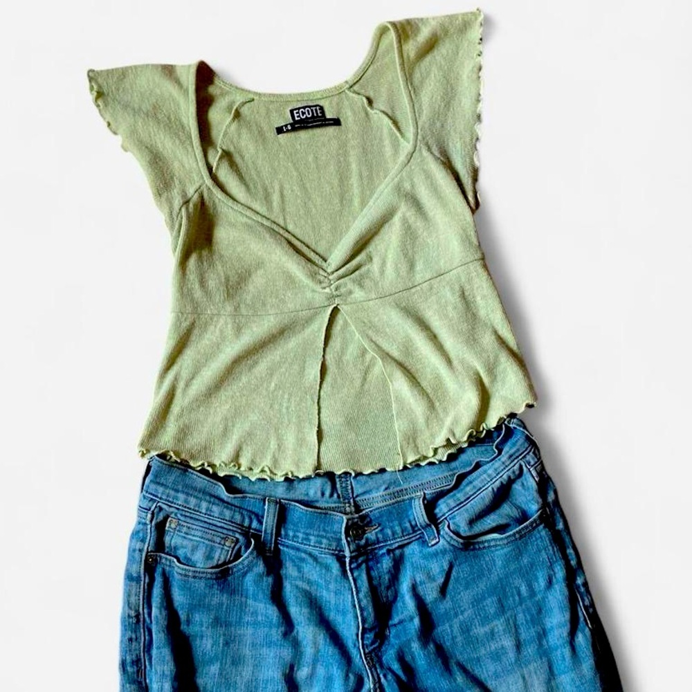 Ecote Green Crop Blouse with Cap Sleeves